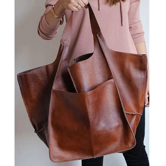 Luxe Vegan Leather Minimalist Oversized Tote Bag - Picture 2 of 16